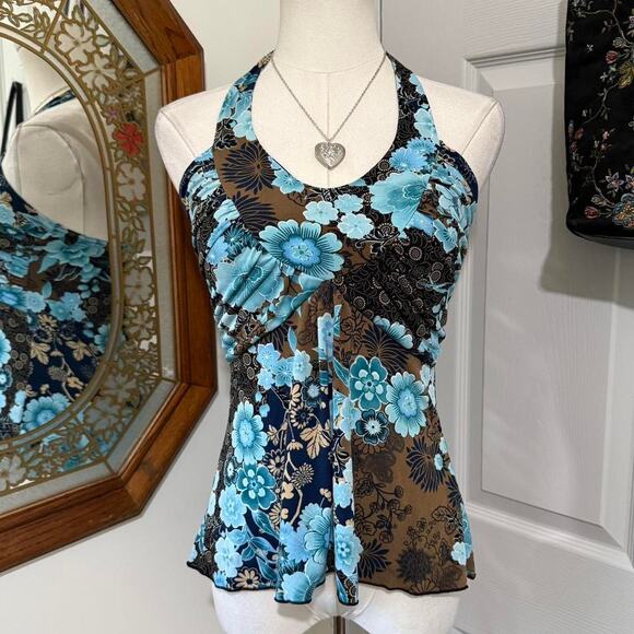 VTG Y2K IZ Byer California Dark Brown & Blue Floral Boho Backless Halter Top M - Picture 1 of 7